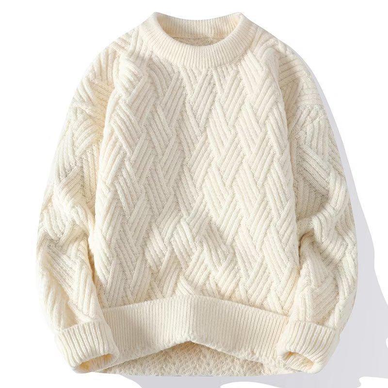 Men's Winter Cable Knit Sweater: Casual, Solid Color, Light Mature Style, Round Neck Pullover.