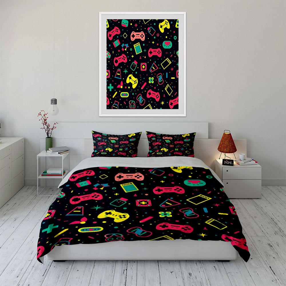 Colorful Gaming Icons Pattern Design Exquisite Three-Piece Bedding Set Gift For Kids And Adults