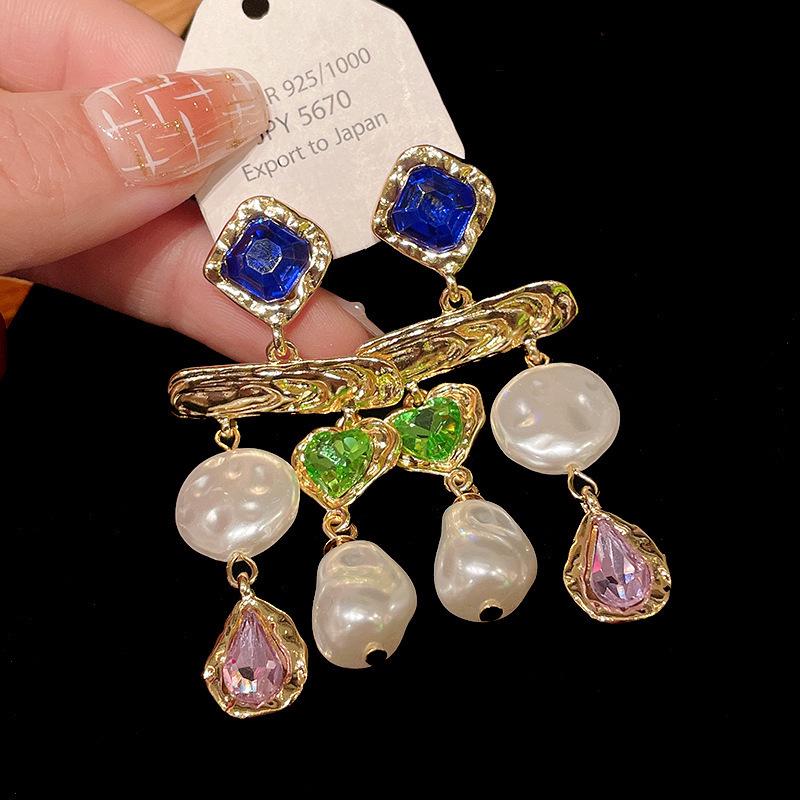 Pendientes de Carrillón de Viento de Perla y Cristal de Aguja Plateada Vintage