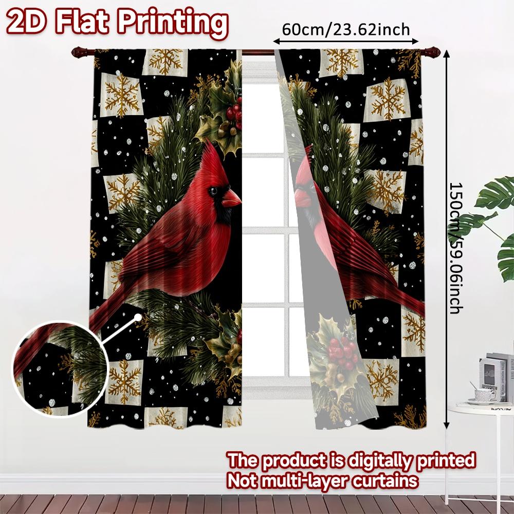 2pcs, 2D FLAT PRINTING Curtains (Without Rod) Cardinal Wreath Popular Curtains&Drapes Festival Polyester Easy Install Curtains