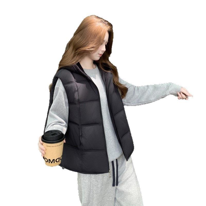 Winter Puff Grid Vest New Foreign Gas Cotton Thickened Hooded Vest Vest Outer Wear