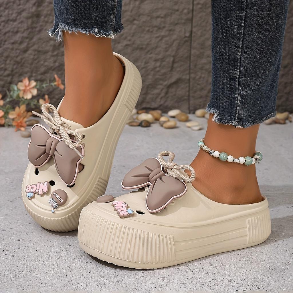 Women's Bow Decor Platform Clogs, Stylish Closed Toe Summer Beach Slide Shoes, Fashion Outdoor Lace-up Beach Garden Sandals
