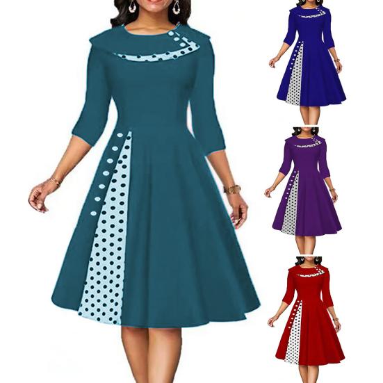 Knoflíček s výstřihem do O Elegantní krása Dámské šaty Rukávy Pas Přiléhavé šaty Jarní řasený velký lem Dámská dekorace Dlouhý podzim Elegantní tečka