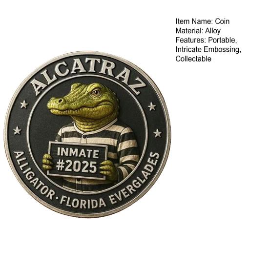 Crocodile Inmate Mugshot Coin Prison Memorabilia Crocodile Challenge Coin Florida Everglades Prison Collectible Crime History Coin Gift for Collectors