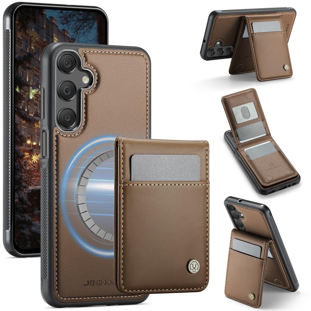 For Samsung Galaxy A15 5G/Galaxy A15 4G Leather Back Cover Compatible with MagSafe JEEHOOD J06 Phone Case with Card Bag RFID Blocking