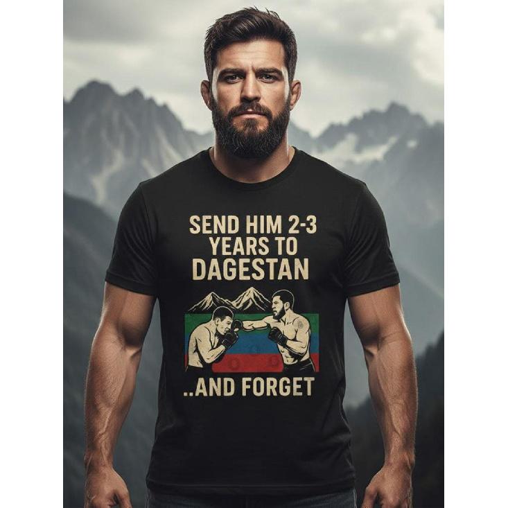 Send Him To Dagestan for 2 To 3 Years, Featuring a Vintage Flag Design for MMA Fighters On a T-Shirt