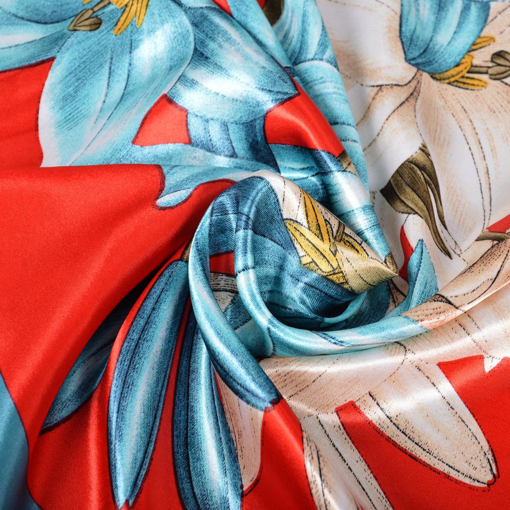 Spring Red Blue Silk Scarf Hijab Chinese Style Lily Design Square Scarves Wraps Fouldard Fall Winter Scarves Shawls