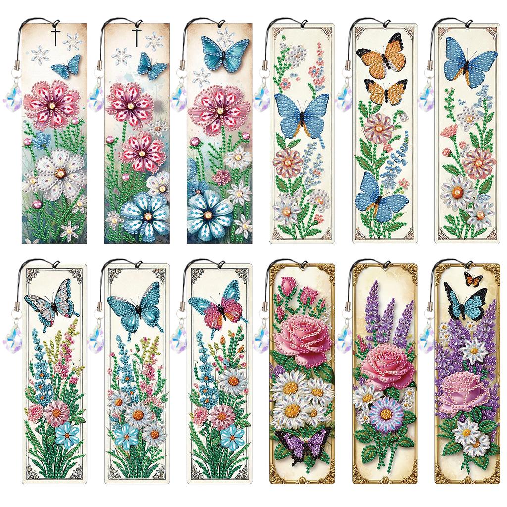 12Pcs Flower Animal DIY Diamond Bookmark Art Projects with Crystal Pendant Diamond Art Bookmark for Adults Book Lovers