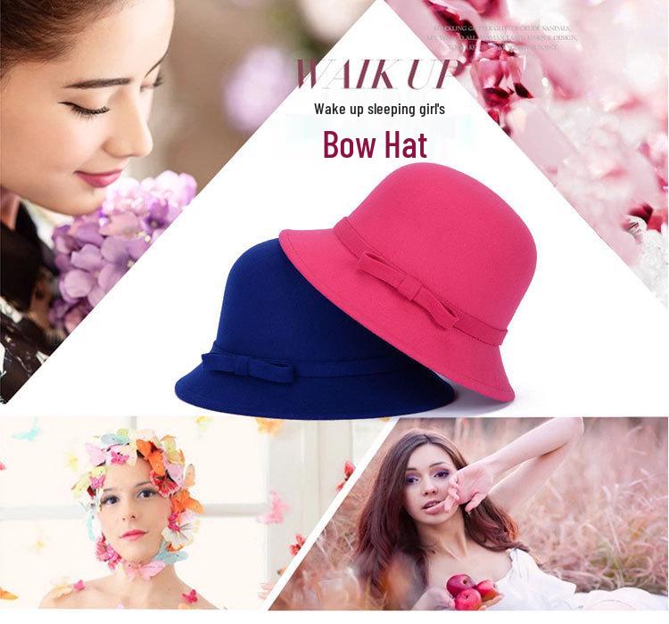 Korean Elegance: Women's Autumn/Winter Warm Felt Fedora with Striped Bow