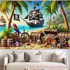 Vinyl Pirate Beach Backdrop - Pirate Ship, Parrot & Treasure Chest Photography Background