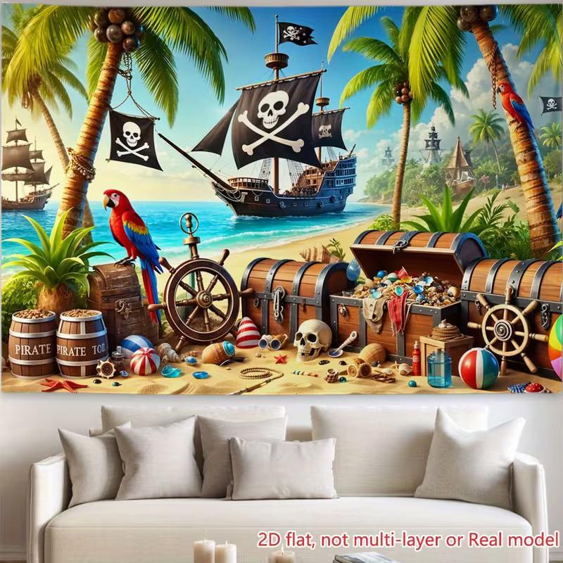 Vinyl Pirate Beach Backdrop - Pirate Ship, Parrot & Treasure Chest Photography Background