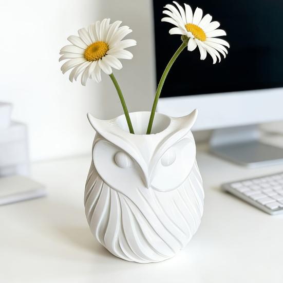 3D Printed Owl Pen Holder, 2 In 1 Flower Vase Desk Organizer, Cute Plastic Makeup Brush Holder, Home Office Decor