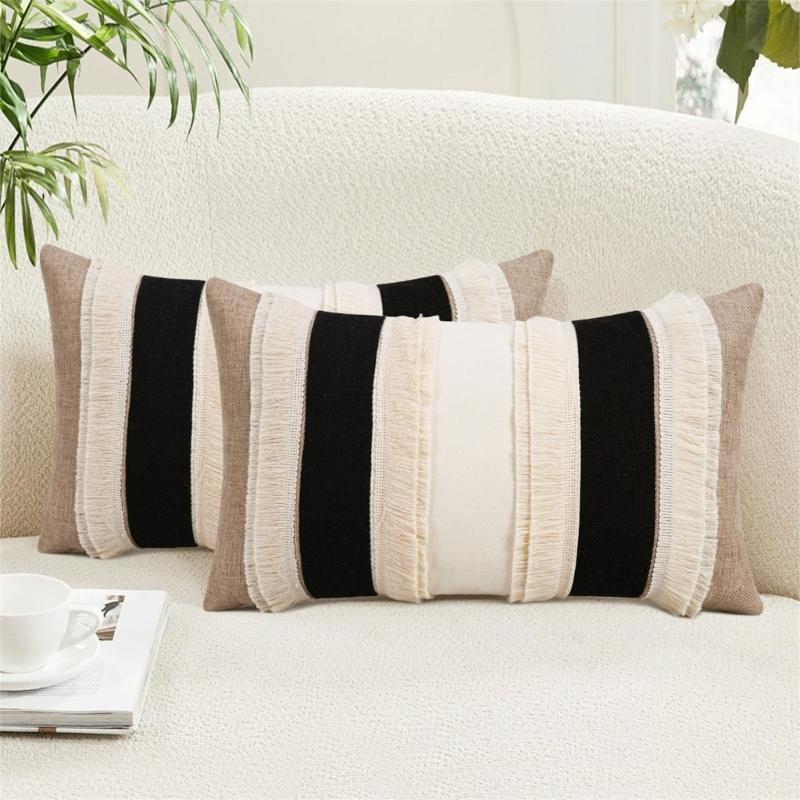 2Pcs Farmhouses Throw Pillow Cover Set, Patchwork Polyester Rectangular Shape With Fringe, 30 X 50 Cm Lumbar Cushion Covers for Home Decors