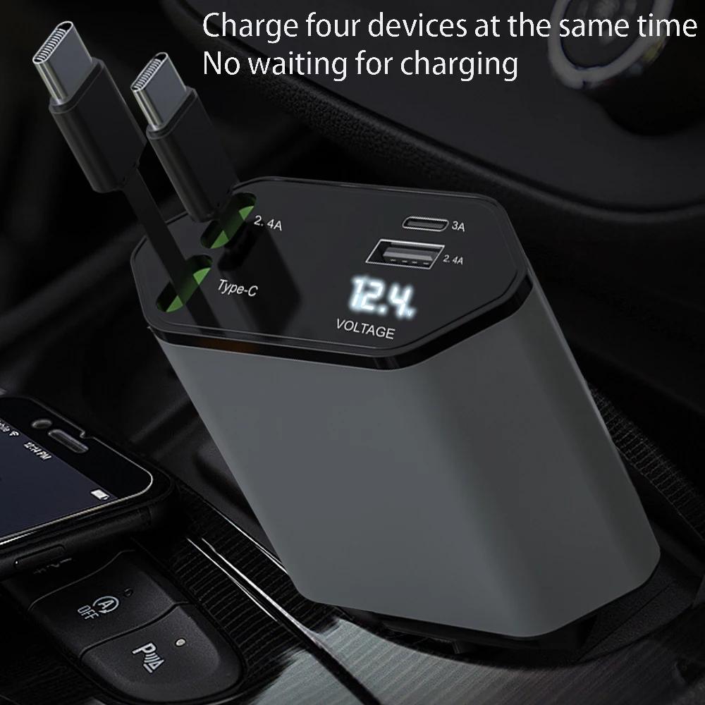 120W Dual Type-C Digital Display Car Charger New Super Fast Charging Retractable Cable Four-in-one Cigarette Lighter