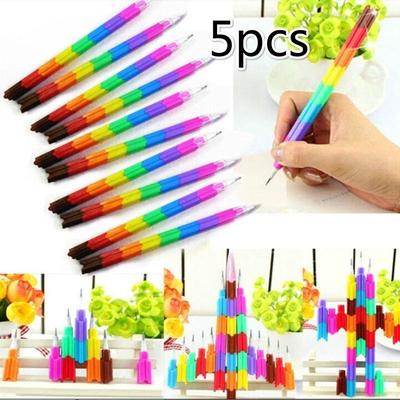 5 Stück/Los Kreativer Regenbogen Stapelstift Tauschstifte Baustein Nicht Anspitzbarer Bleistift Schreibstift für Kinder Niedliche Bleistifte