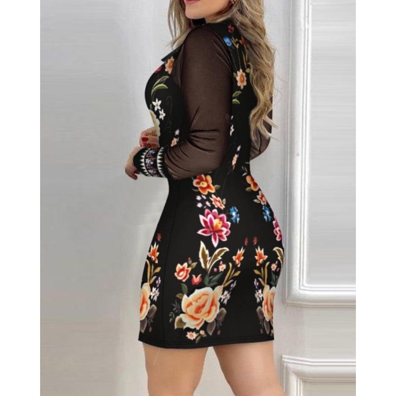 JKASHDK Women's Fashion Spring Fall Flower Pattern Print Long Sleeve V-Neck High Waist Casual Dresses