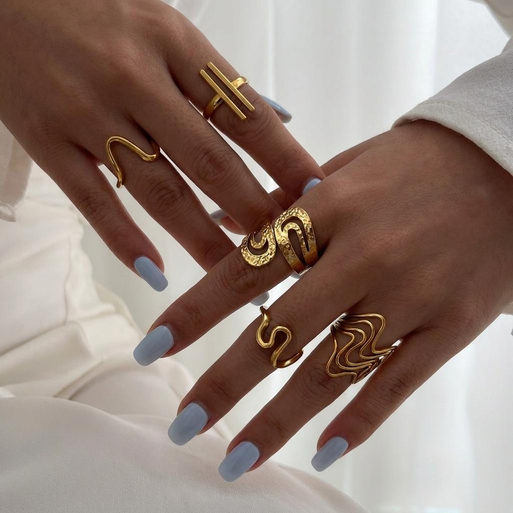 Gold Plated Stainless Steel Geometric Symmetry Line Open Ring for Women Men Line Texture Ring Charms Waterproof Jewelry Gift