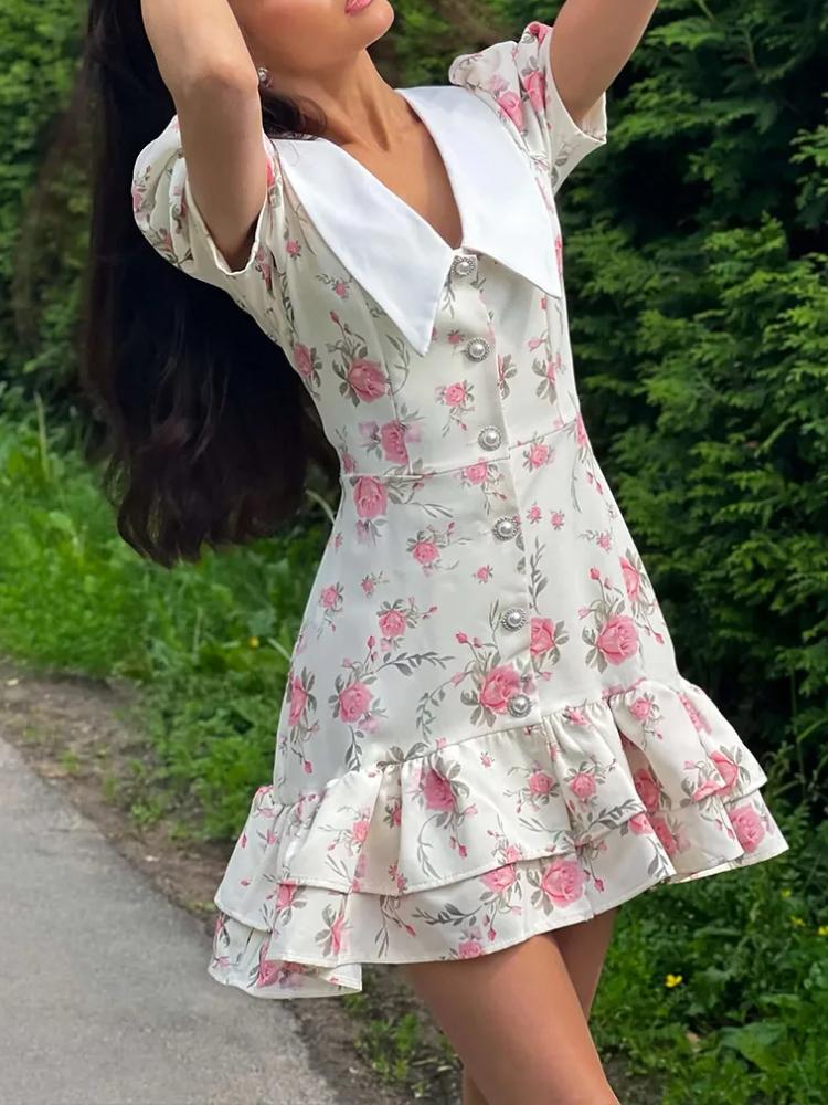Summer Print Puff Sleeves Ruffled Dress Women's V-Neck High Waist Pearl Buttons Mini Dress Female Casual Vacation Fashion Dress
