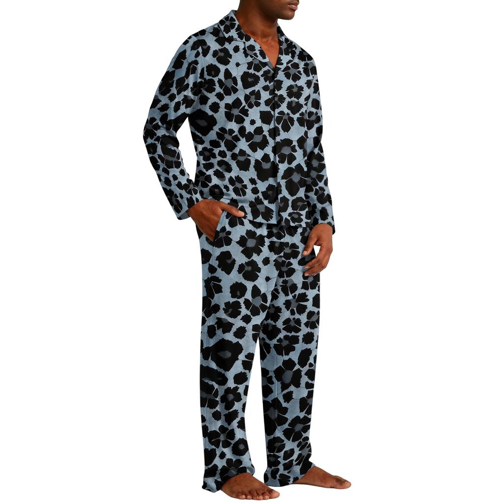 Pigiama Casual da Uomo a 2 Pezzi con Stampa Leopardo, Top con Bottoni e Vestibilità Larga, Pantaloni a Gamba Dritta