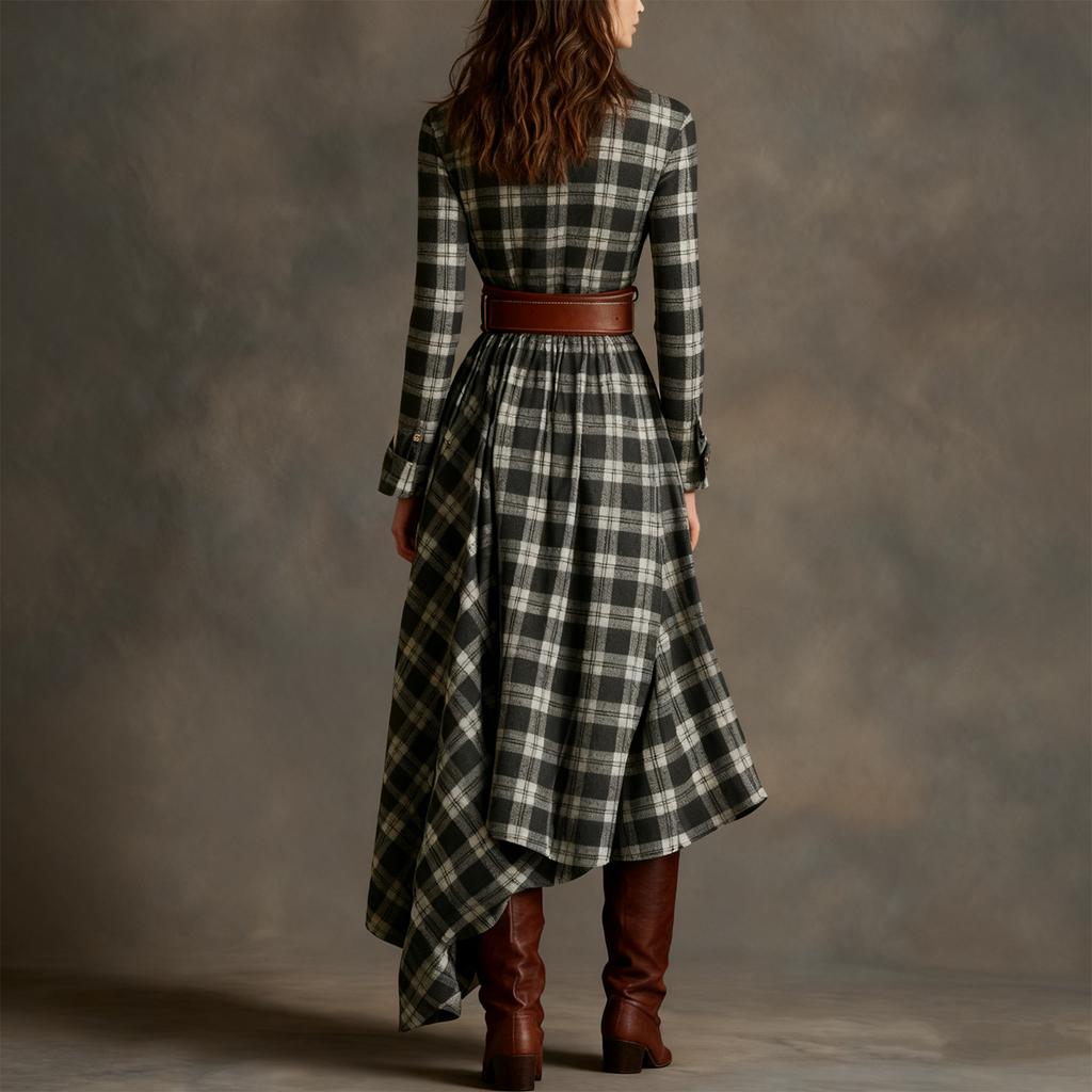 Womens Plaid Shirt Dress V-Neck Button Button Split Asymmetric Hem Checkered Maxi Dress With Pockets