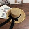Sommer Frische Runde Oberseite Strohhut Damen Strandurlaub Sonnenhut Schmetterlingsknoten Binden Sonnenschirmkappe