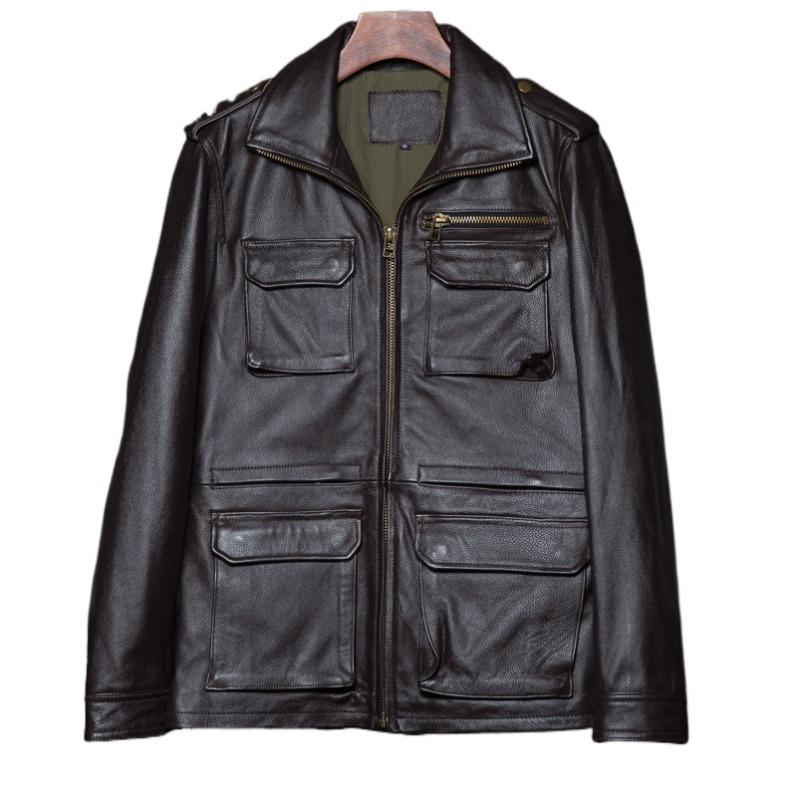 Chinese Size Brown Black Real Cowhide M65 Hunting Leather Jacket Men Genuine Leather Coat Winter Pockets Jackets Jaqueta Masculina De Couro