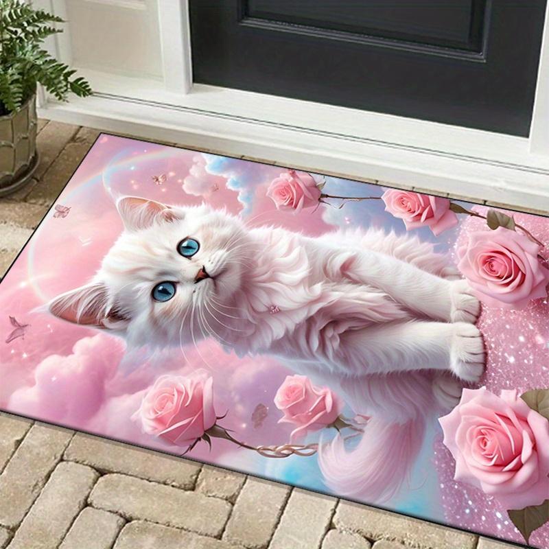 Pink Rose Cat Rug Soft WhiteFeline with Romantic Roses for Romantic Décor Pet Lover Gifts Anti slip carpet can be machine washed