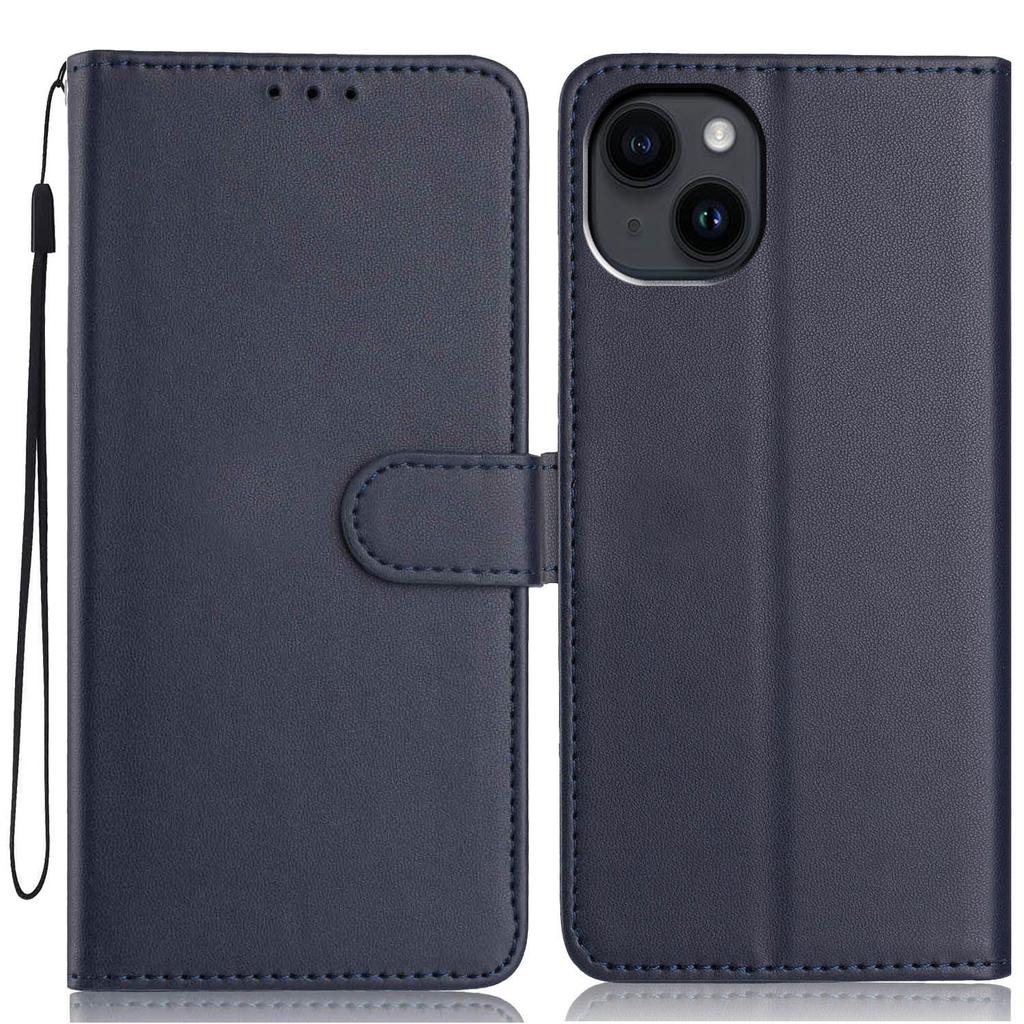 For iPhone 15 Wallet Case with Strap/Multiple Card Slots Solid Color Leather Stand Phone Cover