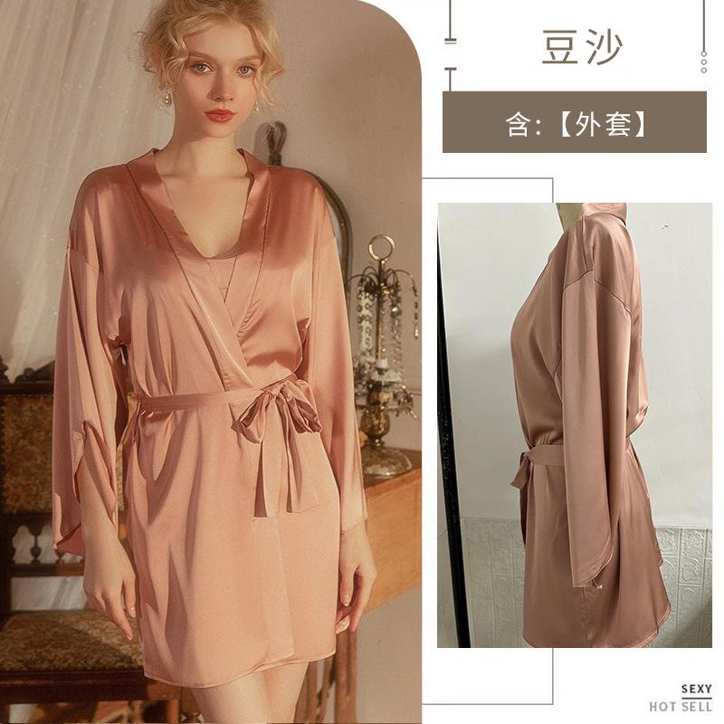 Meilikou's simulated silk high-end home nightgown, ice-feeling silky smooth solid-color morning gown, and wear a nightgown outside.