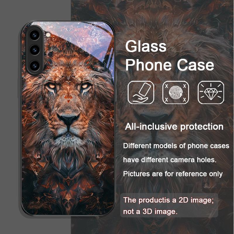 Luxurious Lion Pattern Tempered Glass Phone Case for Samsung Galaxy S25 Ultra S24 S23 Plus S22 S21 S20 FE M55 M54 5G Back Cover