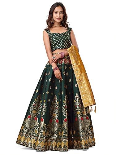 Purvaja Women'S Jacquard Semi-Stitched Lehenga Choli (Indra-D-Green_Green_Free Size)