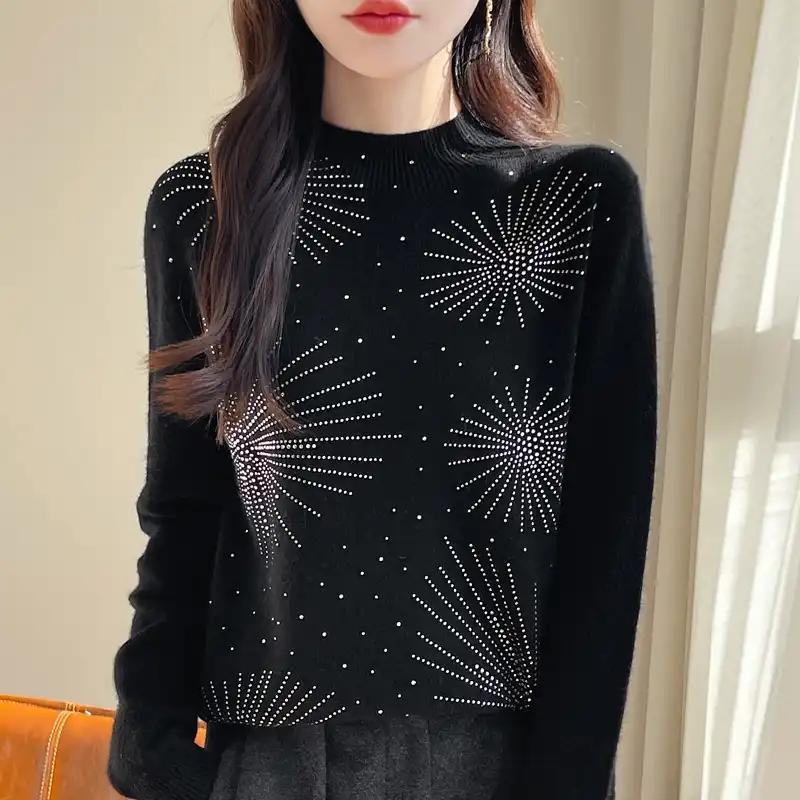 Suéter para Mujer Otoño Invierno Pulóver Espesado Cálido Tejido a Rayas Cuello Redondo Capa Base Elástico Manga Larga Jerséi Oversize Tops