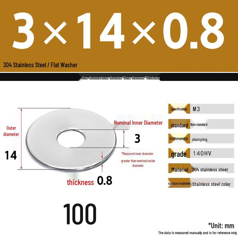 304 Stainless Steel Thickened Flat Washer Set, Sizes 2-36