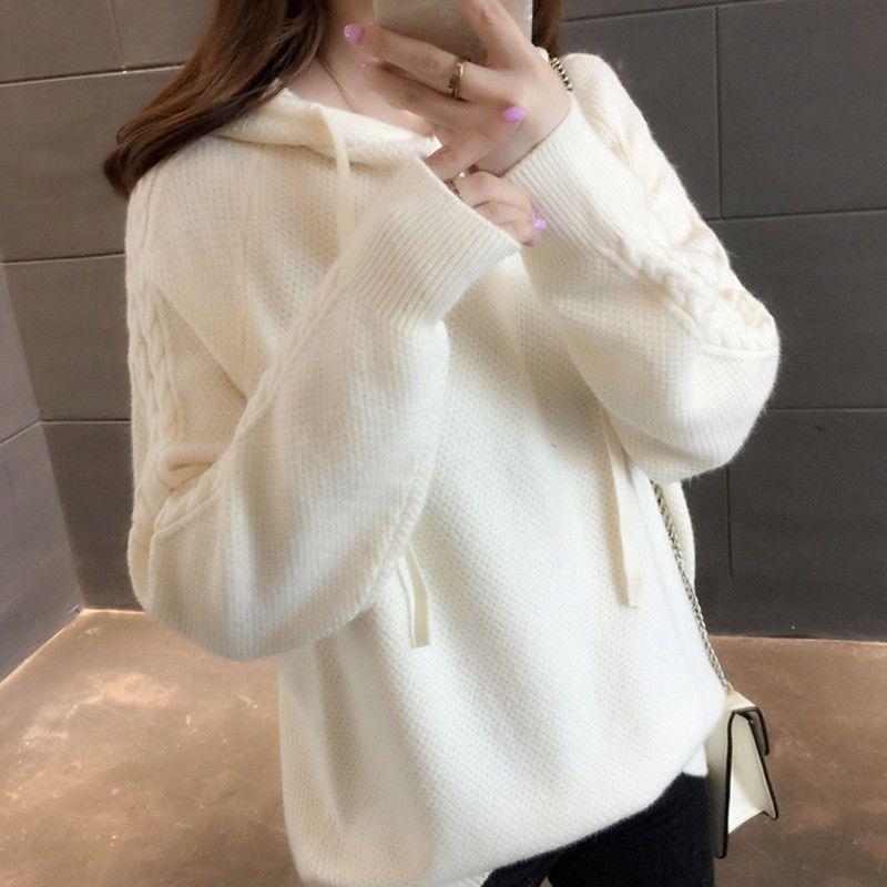 Svetr s kapucí Dámské Podzim/Zima Nový korejský svetr s volným rukávem Pevný Univerzální pletený svetr Dámský
