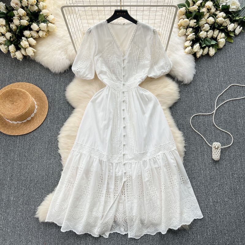 

French Dress Female 2024 New Arrival Elegant V-neck Double-Breasted Silm Mid Length Long Length Age Reduction Puff Sleeves First Love Dress White XL