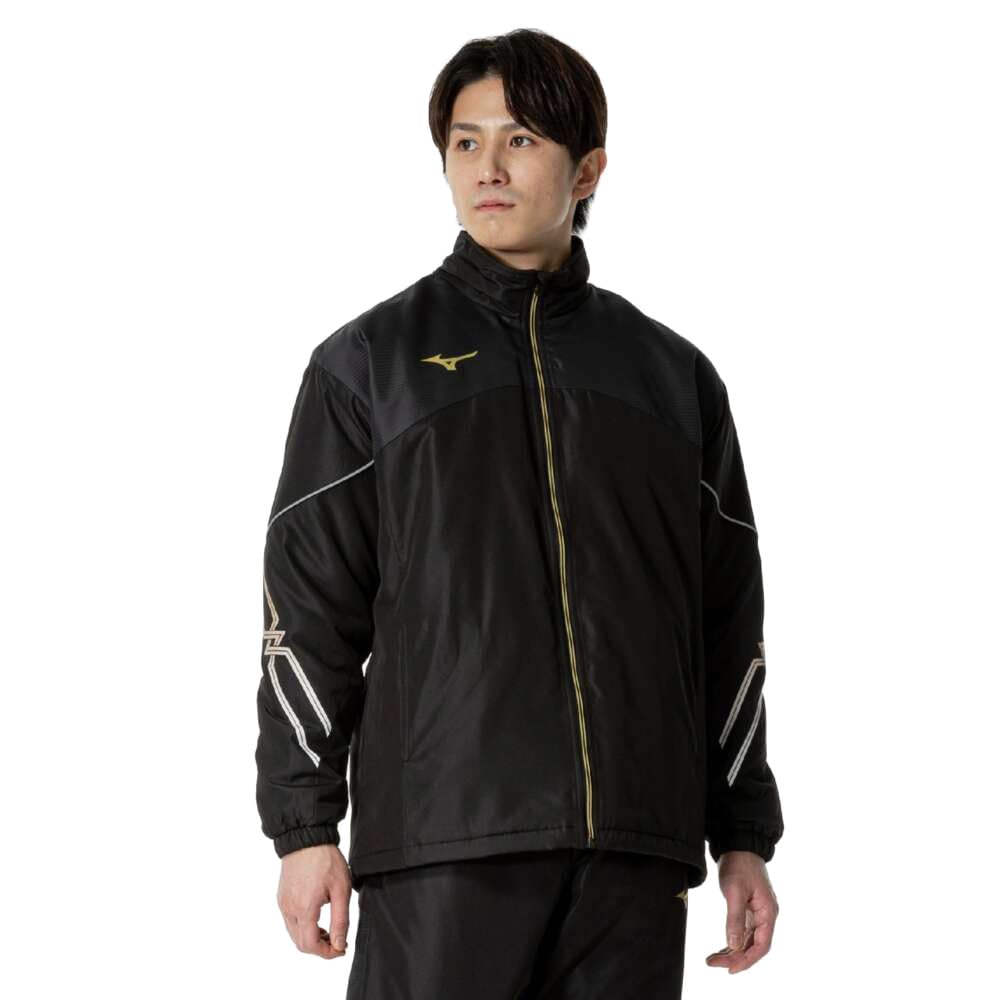 Mizuno Breath Thermo Training Warmer Jacket with and Windproof Black and Gold MC-LINE Wear, Moisture-Wicking, Heat-Generating, Water-Repellent,