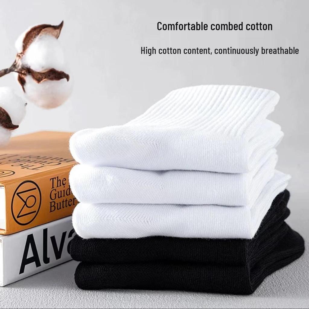 Men's Black & White Combed Cotton Sports Socks: Mid-Calf & High-Calf Compression, Odor-Resistant, Sweat-Absorbent, Ankle Length