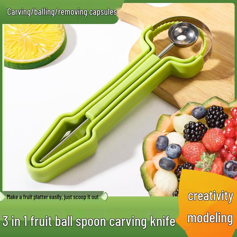 3-in-1 Fruit Baller & Carving Knife Set: Multi-Style Embossing Spoon and Fruit Remover.