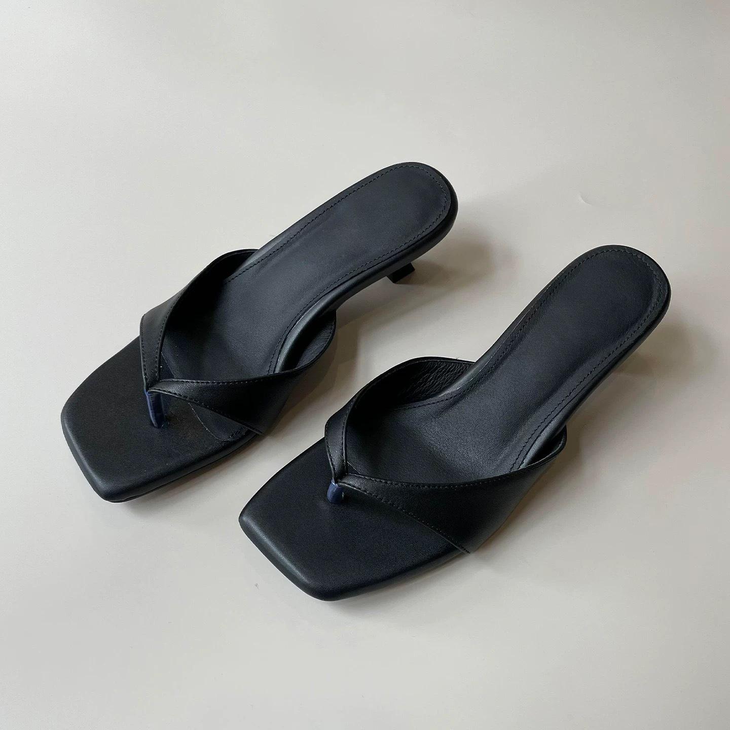 

Sheepskin leather square toe herringbone cool slippers women wear cat heel sandals 35