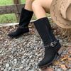 Plus-size Shoes Cowboy Boots, Retro Chunk-heeled Mid-calf Boots, Buckle Straps