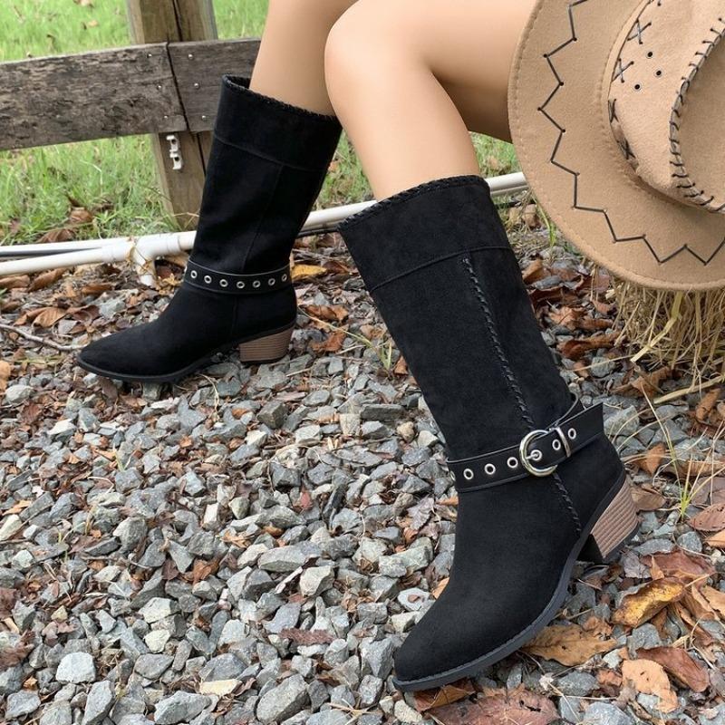 Plus-size Shoes Cowboy Boots, Retro Chunk-heeled Mid-calf Boots, Buckle Straps