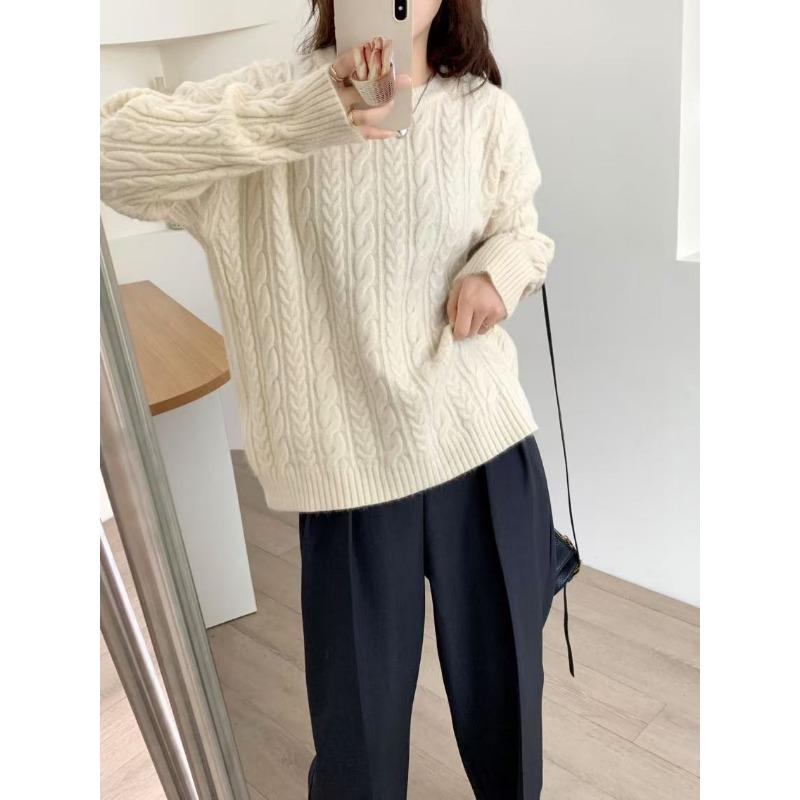 Soft waxy twist lazy knitted sweater for women's autumn and winter new casual thick loose pullover sweater top for women