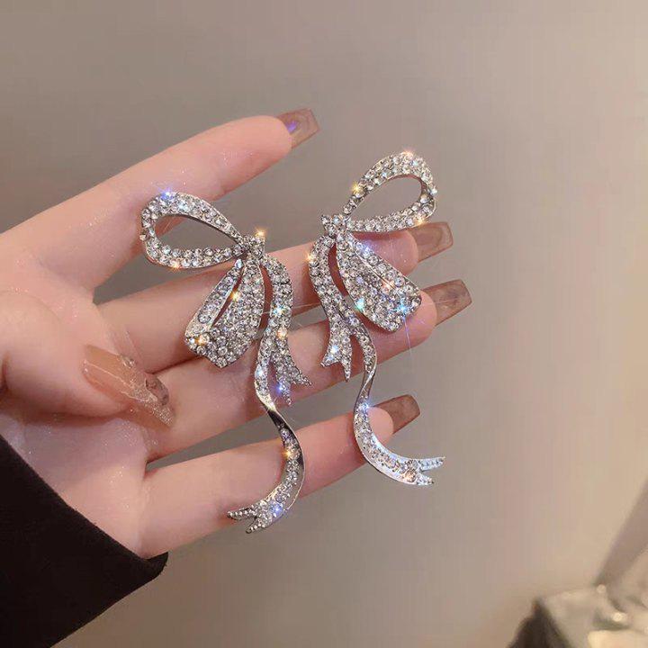 2025 Light Luxury Silver Needle Diamond Flower Tassel Earrings - Elegant European & American Style for Women