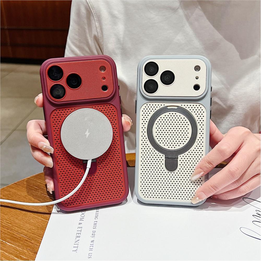 Luxury Heat Dissipation Cooling Mesh Hole Case for iPhone 17 16 15 14 Plus 13 12 Pro Max For Magsafe Stand Holder Armor Cover