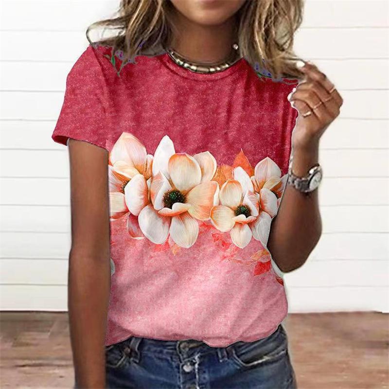 Women's T-shirt with flower print T-shirt top, girls' clothing, summer short sleeved T-shirt, V-neck casual holiday women's T-shirt