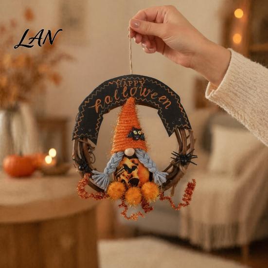 Holiday Hanging Ornament Halloween Gnome Rattern Wreath, Handmade Decoration with Spider And Tinsel Accents, Front Porch Decor Wreath for Door