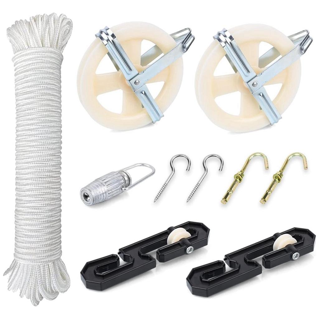Clothesline Kit, Nylon Clothesline Pulley Kit, 150ft Polyester Clothes Line Rope Outdoors Heavy Duty