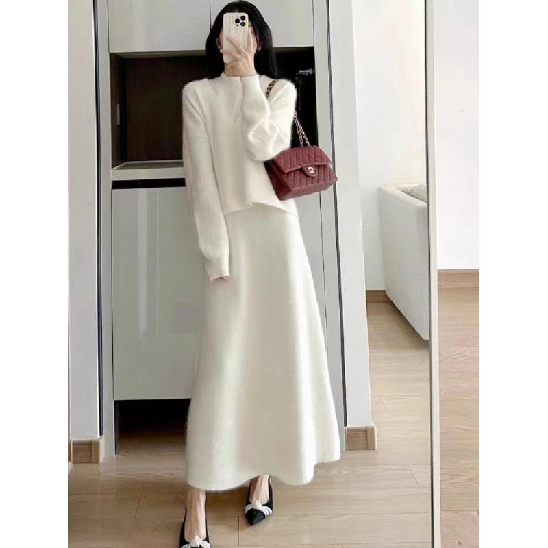 Autumn and winter two-piece suit versatile and thin dress age-reducing knitted cardigan medium and long skirt sweater women
