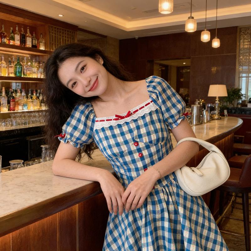 College Style Blue and White Plaid Short Skirt Women's Summer Square Collar Lace Splicing Waist Thin Sweet Sister Style Dress Wasteland Style