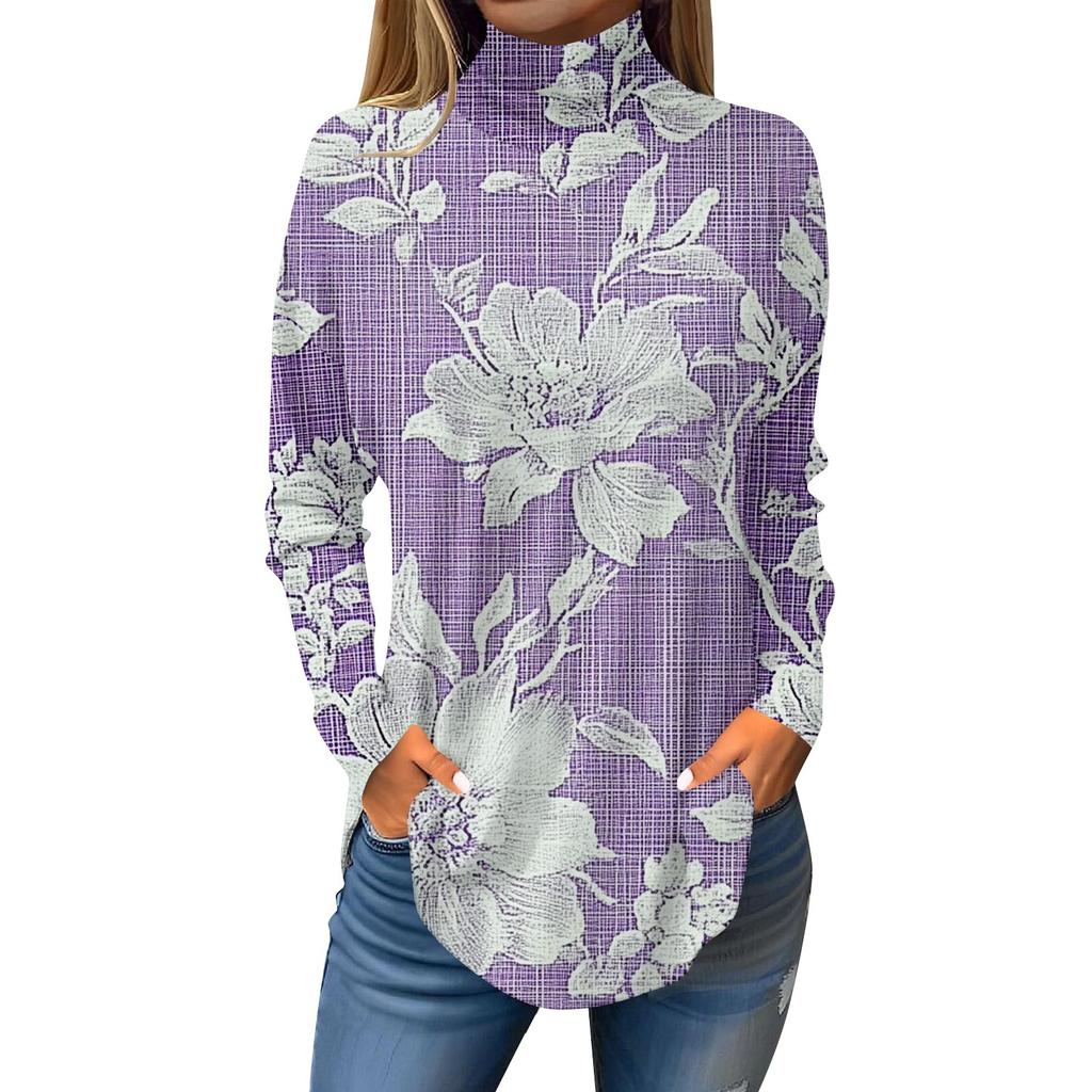 Koszulki damskie, jesienne, codzienne koszule z długim rękawem Bluza z nadrukiem w stylu vintage, sweter z wysokim dekoltem